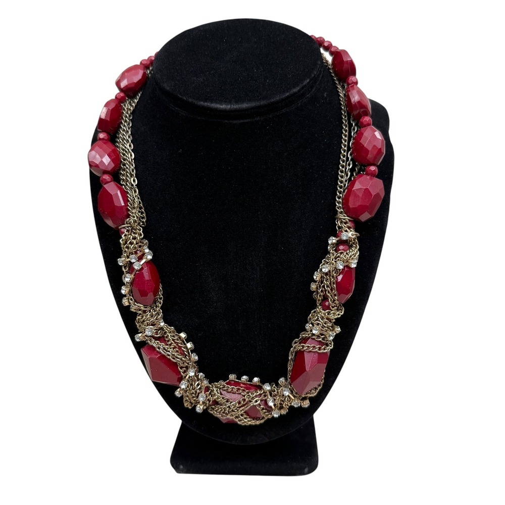 Faceted Ruby Red Acrylic Chunky Beaded Statement Necklace Rhinestone Chain 10 in